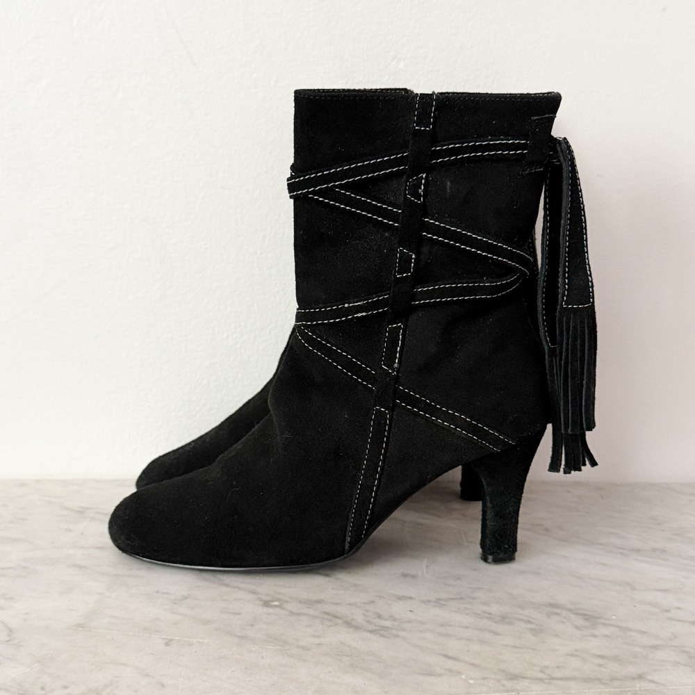 True Meaning Boots Suede Tassel Contrast Stitch 7M Black Kitten Heel Mid Calf